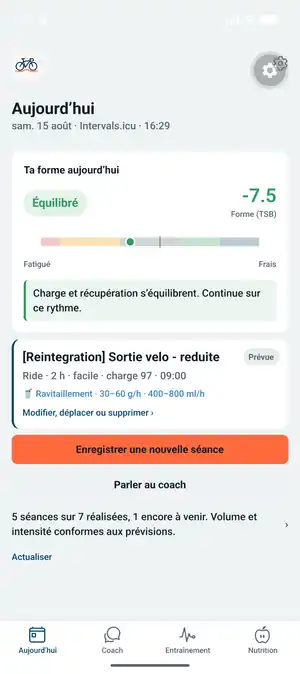 Écran Aujourd’hui de Coach Endurance avec forme, récupération et prochaine séance