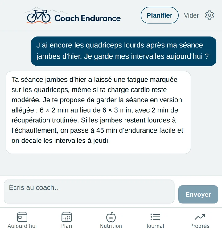 Écran Coach de l’application : le Coach adapte une séance d’intervalles à la fatigue des quadriceps